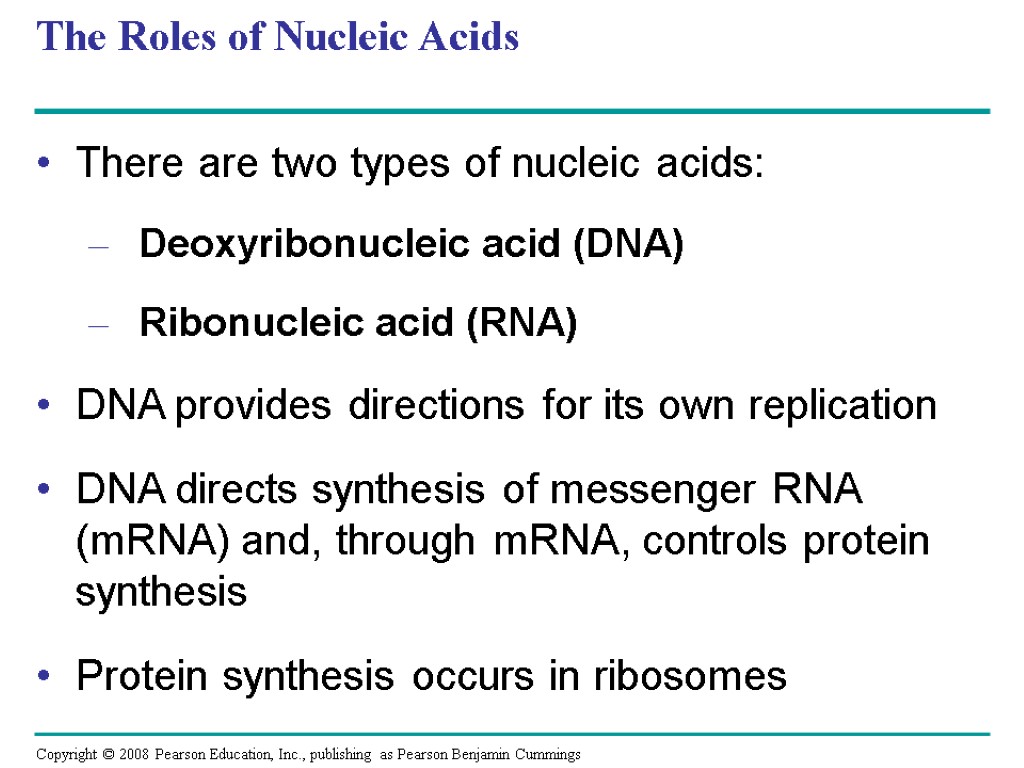 The Roles of Nucleic Acids There are two types of nucleic acids: Deoxyribonucleic acid